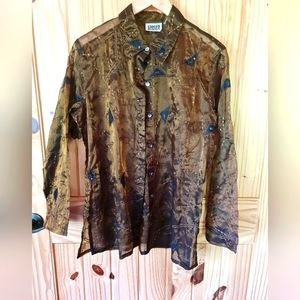 Chico's Sheer Blouse Tunic Embellished Appliques Sequins Copper Metallic Size 1